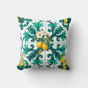 Sicilian,summer,lemon,mosaic,green, Throw Pillow