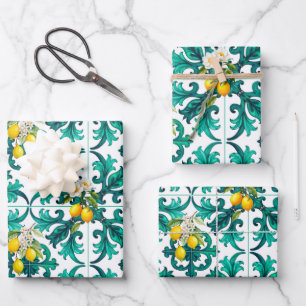 Sicilian,summer,lemon,mosaic,green, Wrapping Paper Sheet