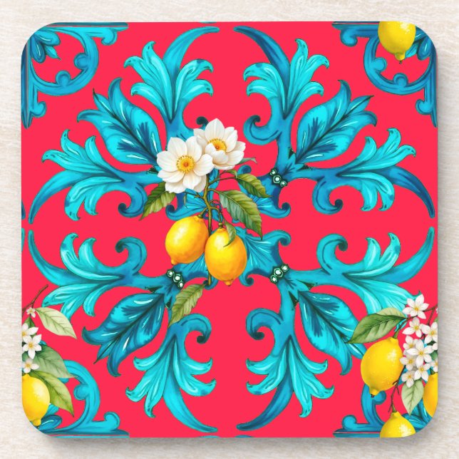 Sicilian,summer,lemon,mosaic,pink, Coaster (Front)