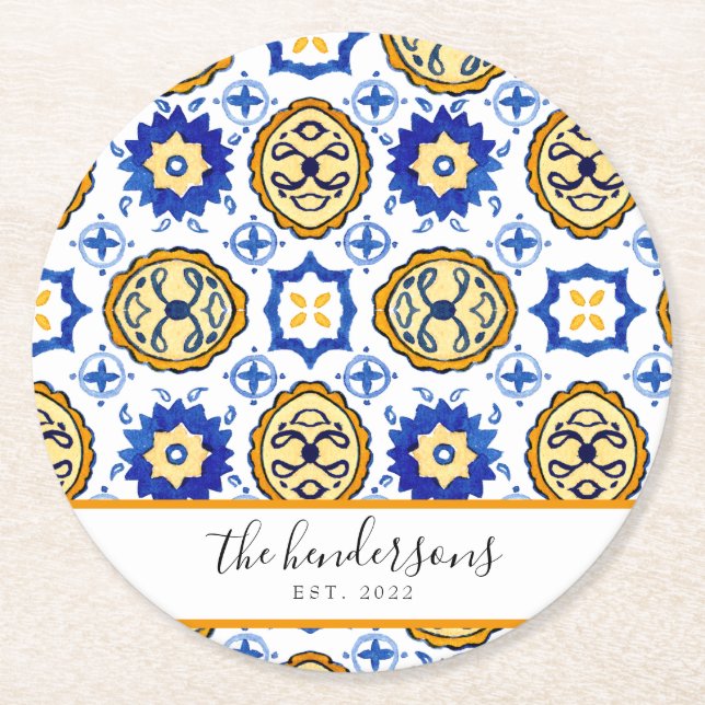 Sicilian Summer Lemons Mediterranean Tile Round Paper Coaster (Front)
