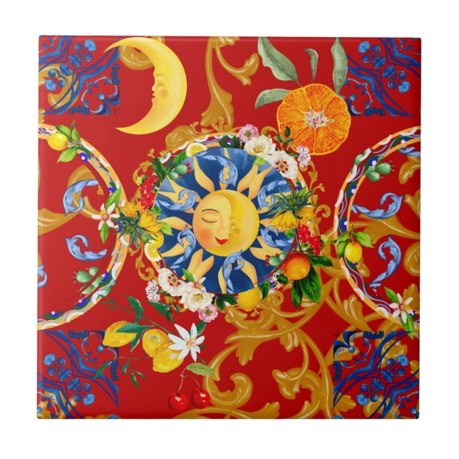 Sicilian sun,half moon,summer,majolica,lemon art, tile (Front)