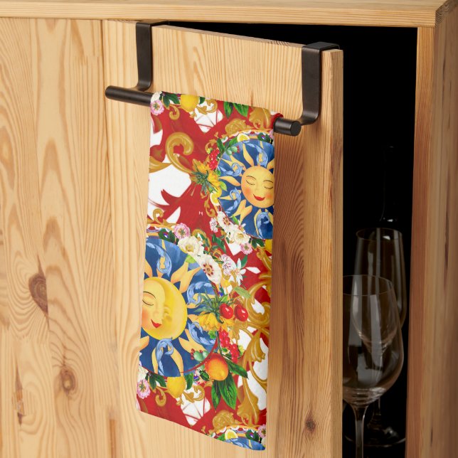 Sicilian sun,half moon,summer,majolica,lemon, kitchen towel (Thirds Fold)