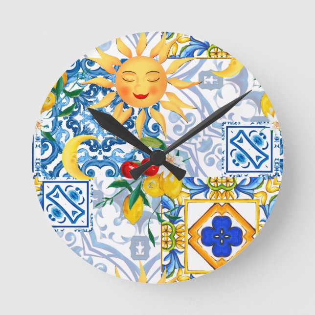 Sicilian sun,lemon,majolica,Table Runner Round Clock (Front)