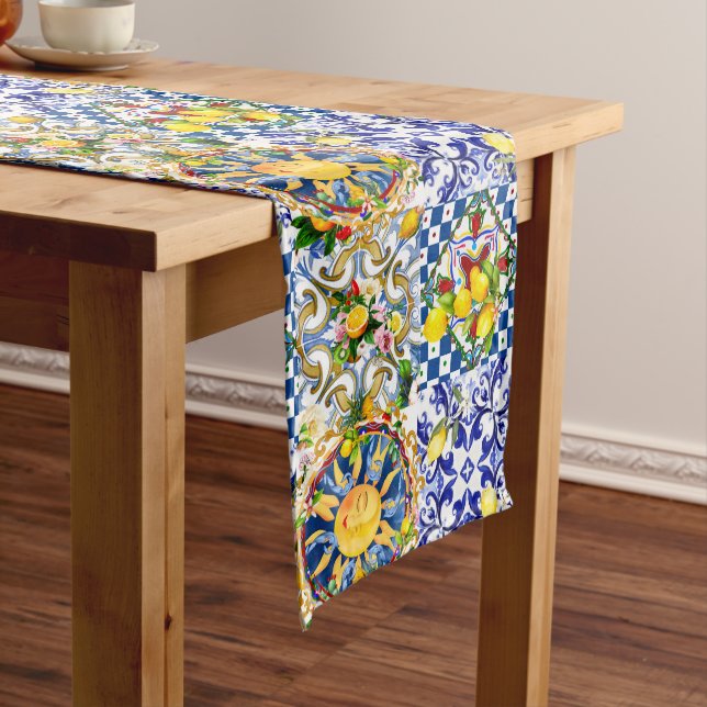Sicilian sun,lemon,mediterranean tiles, medium table runner (In Situ)