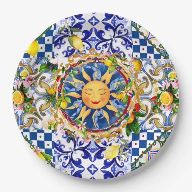Sicilian sun,lemon,mediterranean tiles, paper plate (Front)