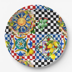 Sicilian sun,lemon,mediterranean tiles, paper plate