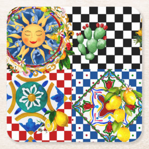 Sicilian sun,lemon,mediterranean tiles, square paper coaster