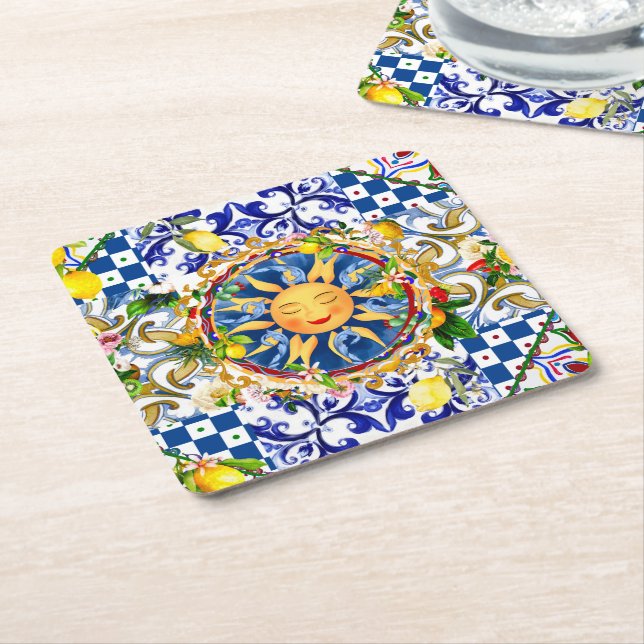 Sicilian sun,lemon,mediterranean tiles, square paper coaster (Angled)