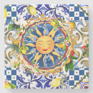 Sicilian sun,lemon,mediterranean tiles, stone coaster