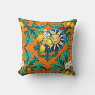 Sicilian sun,summer,lemon,mosaic,blue, throw pillow