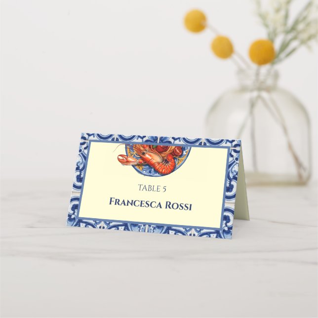 Sicilian Tile Italian Wedding Folded Place Card (Front)