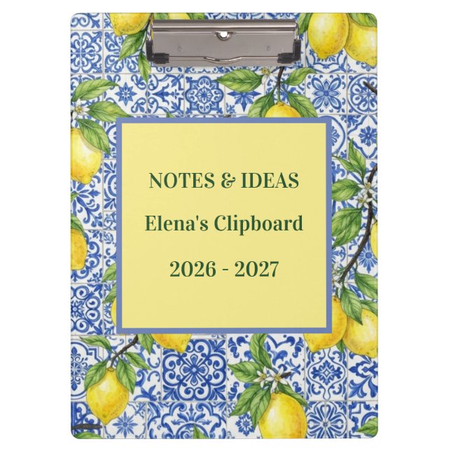 Sicilian Tile & Lemon Personalized Back to School Clipboard (Front)