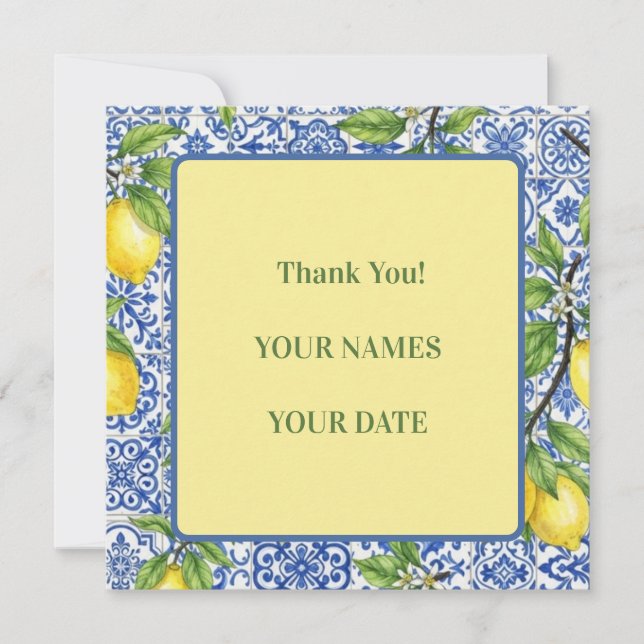 Sicilian Tile & Lemon Wedding Thank You Card (Front)