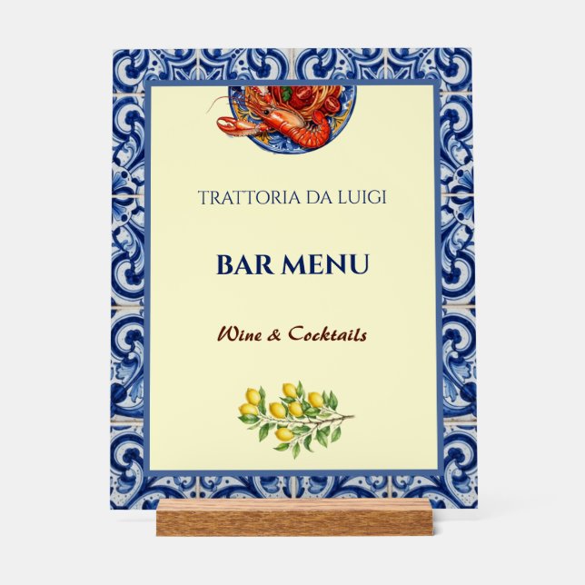 Sicilian Tile Seafood Restaurant Bar Menu Acrylic Sign (Front)