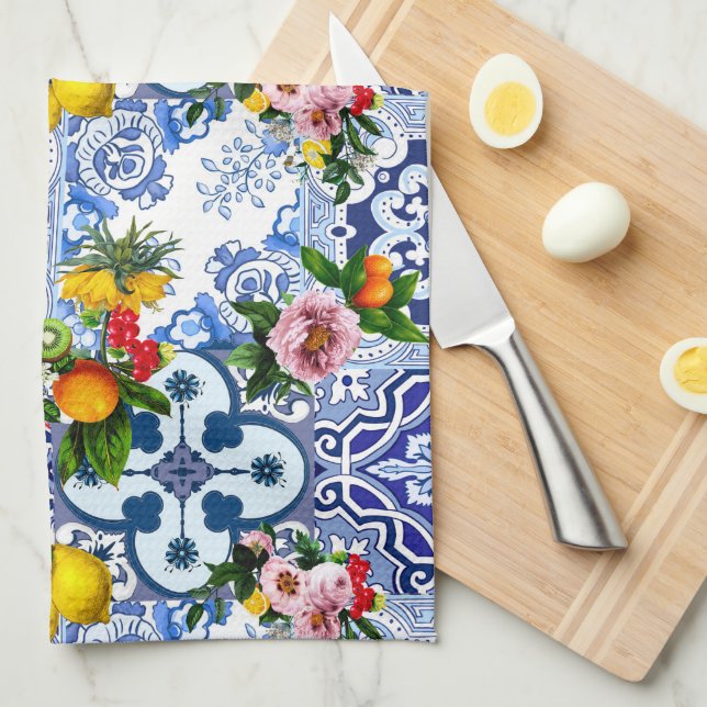 Sicilian tiles,majolica ,lemons,citrus  kitchen towel (Quarter Fold)