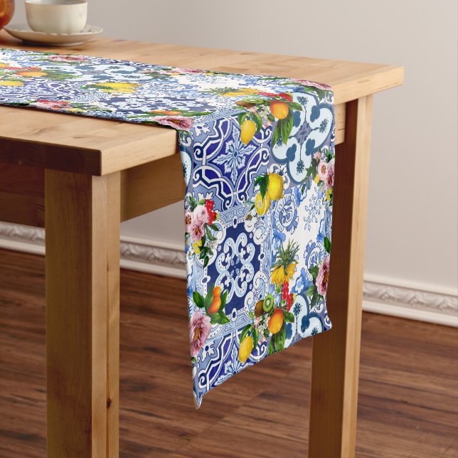 Sicilian tiles,majolica ,lemons,citrus long table runner (In Situ)