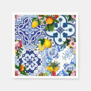 Sicilian tiles,majolica ,lemons,citrus   napkin