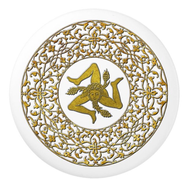 Sicilian Trinacria and Filigree Ceramic Knob (Front)