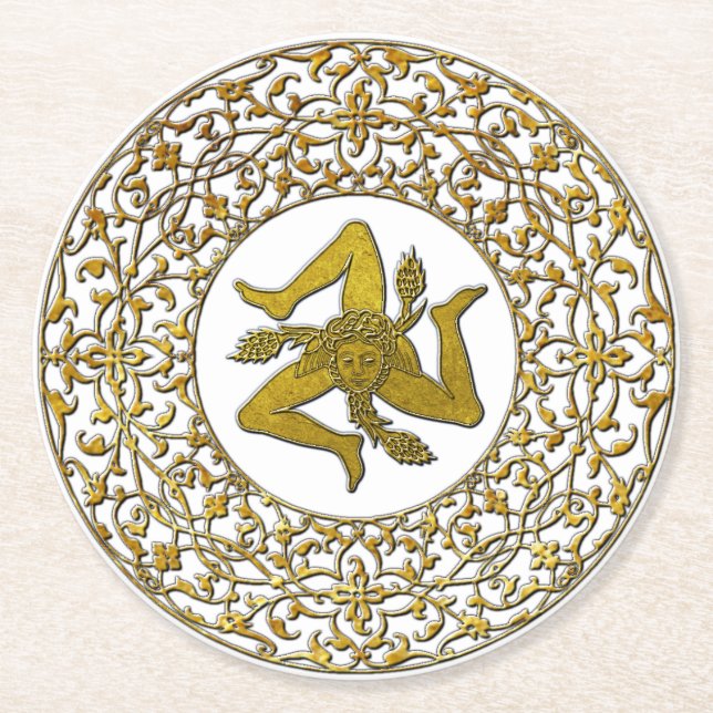Sicilian Trinacria and Filigree Round Paper Coaster (Front)