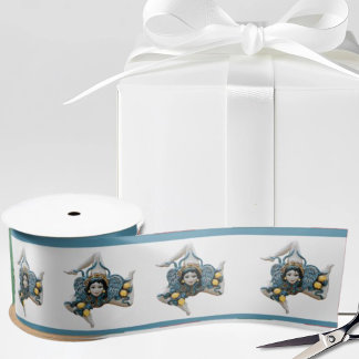 Sicilian Trinacria Blue Border White Satin Ribbon