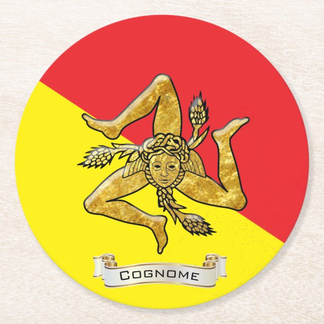 Sicilian Trinacria in Gold Personalize Round Paper Coaster (Front)