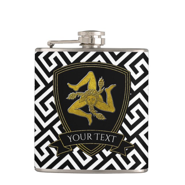 Sicilian Trinacria in Gold Your Text Hip Flask (Front)