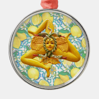 Sicilian Trinacria Italian Pride Lemons on Blue Metal Ornament