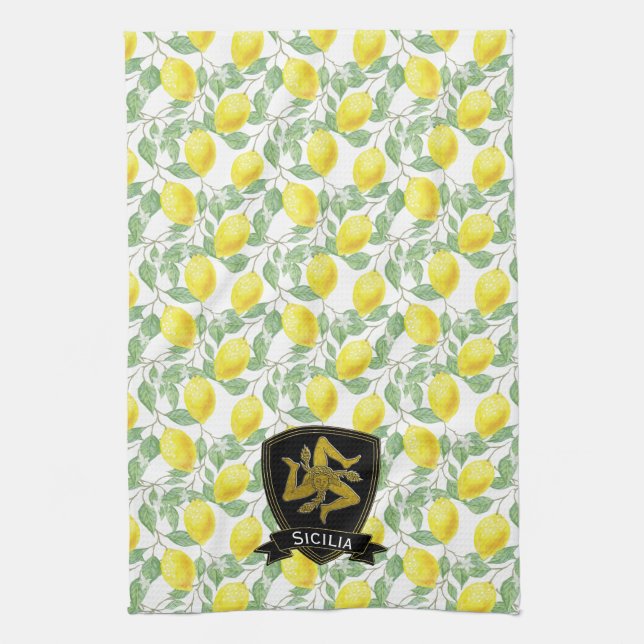 Sicilian Trinacria Lemon Pattern Personalize Kitchen Towel (Vertical)