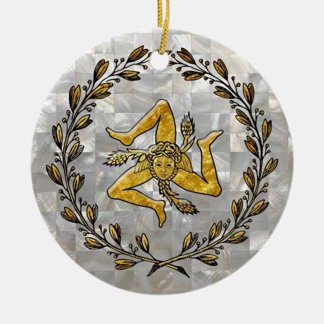 Sicilian Trinacria Mother of Pearl Ceramic Ornament (Front)