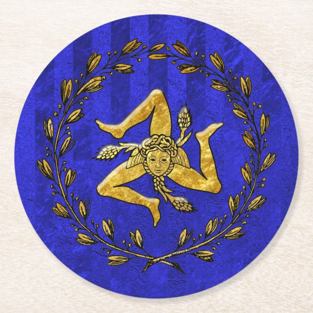 Sicilian Trinacria Olive Wreath Blue Stripe Round Paper Coaster (Front)