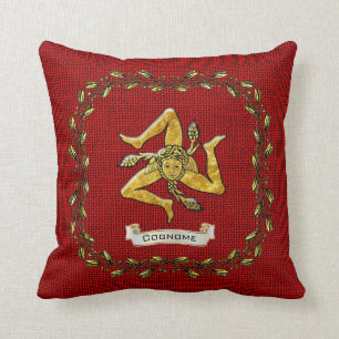 Sicilian Trinacria Olive Wreath Burlap Personalize Throw Pillow