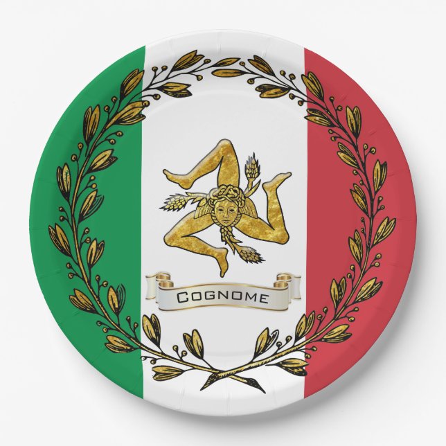 Sicilian Trinacria Olive Wreath Flag Personalize Paper Plate (Front)