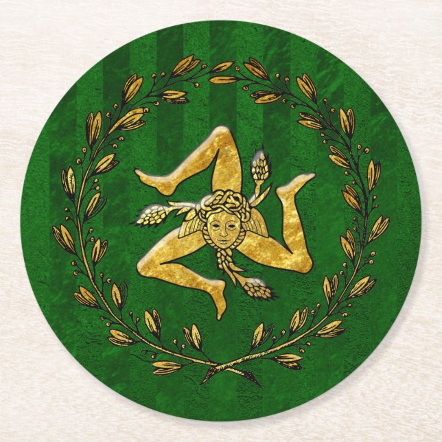 Sicilian Trinacria Olive Wreath Green Stripe Round Paper Coaster (Front)