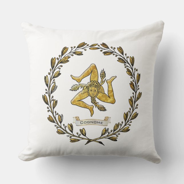 Sicilian Trinacria Olive Wreath Personalize Outdoor Pillow (Front)