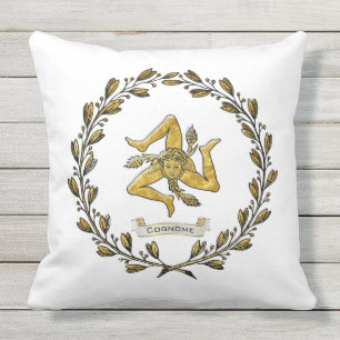 Sicilian Trinacria Olive Wreath Personalize Outdoor Pillow