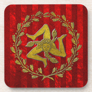 Sicilian Trinacria Olive Wreath Red Stripe Coaster