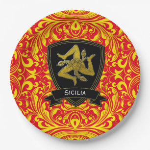 Sicilian Trinacria on Baroque Pattern Paper Plate
