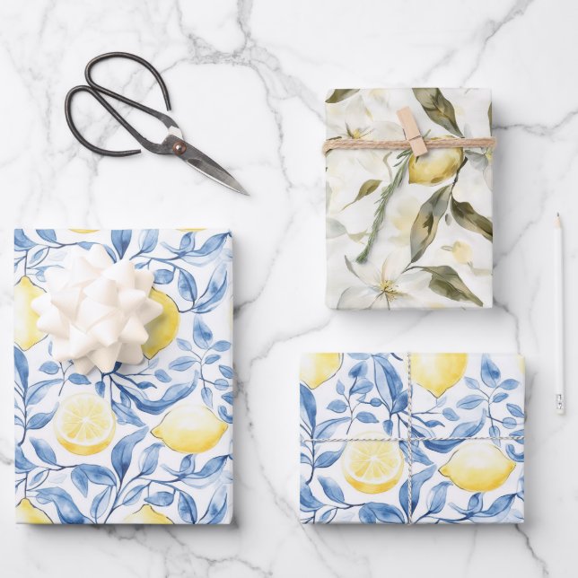 Sicily Italian Rustic Blue Leaves Lemons  Wrapping Paper Sheet (Front)