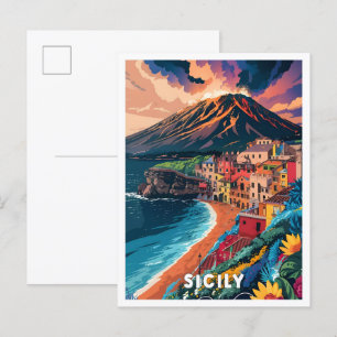 Sicily Italy Art Vintage Travel Illustration Postcard