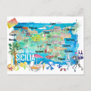 Sicily Italy Illustrated Travel Map Postcard