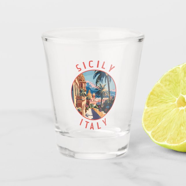 Sicily Italy Retro Distressed Circle Shot Glass (Front)