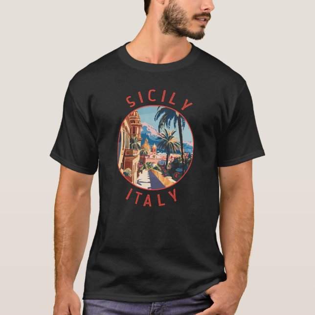 Sicily Italy Retro Distressed Circle T-Shirt (Front)