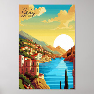Sicily Italy vintage travel illustration Poster