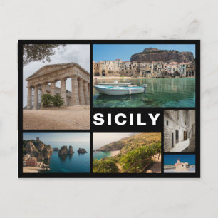 Sicily multiple image collage black postcard