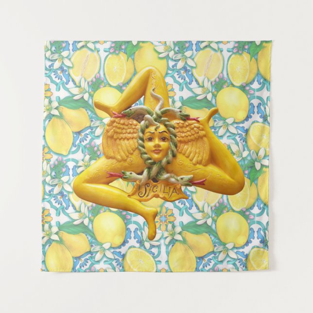 Sicily Trinacria Sicilian Italian Italy Lemon Blue Tapestry (Front)
