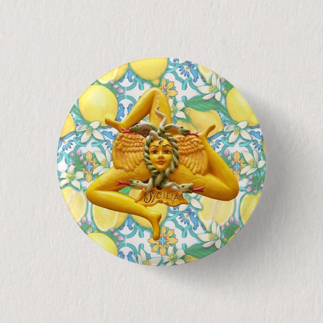 Sicily Trinacria Yellow and Blue Italian Lemon  1 Inch Round Button (Front)