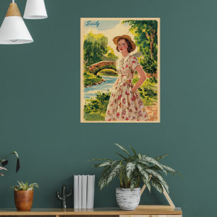 Sicily vintage italian lady in the country 50s poster