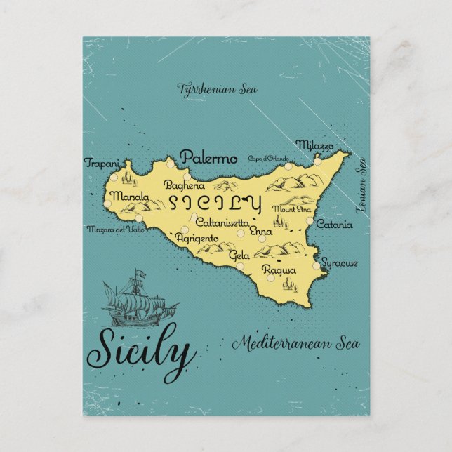 Sicily Vintage Nautical Map Announcement Postcard (Front)