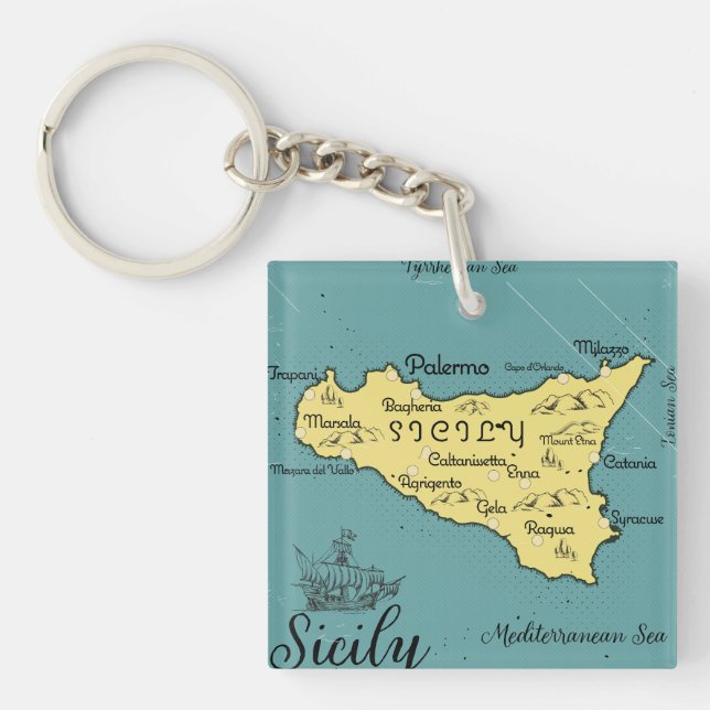 Sicily Vintage Nautical Map Keychain (Front)