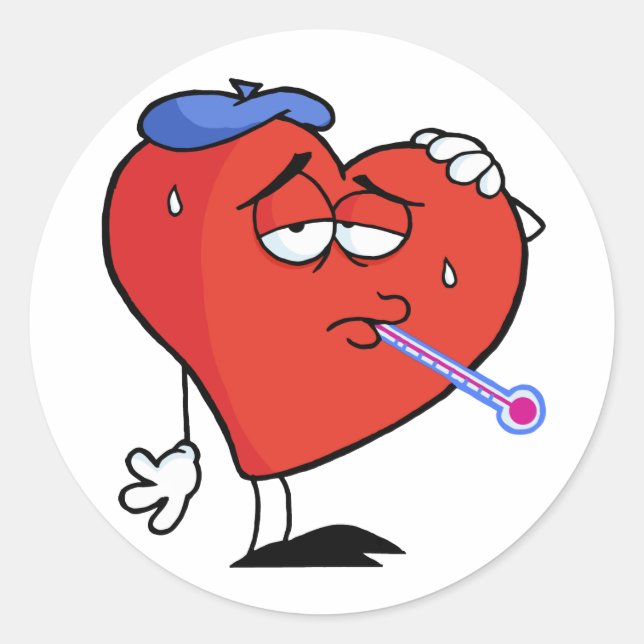 Sick Red Heart With A Thermometer In His Mouth Classic Round Sticker (Front)